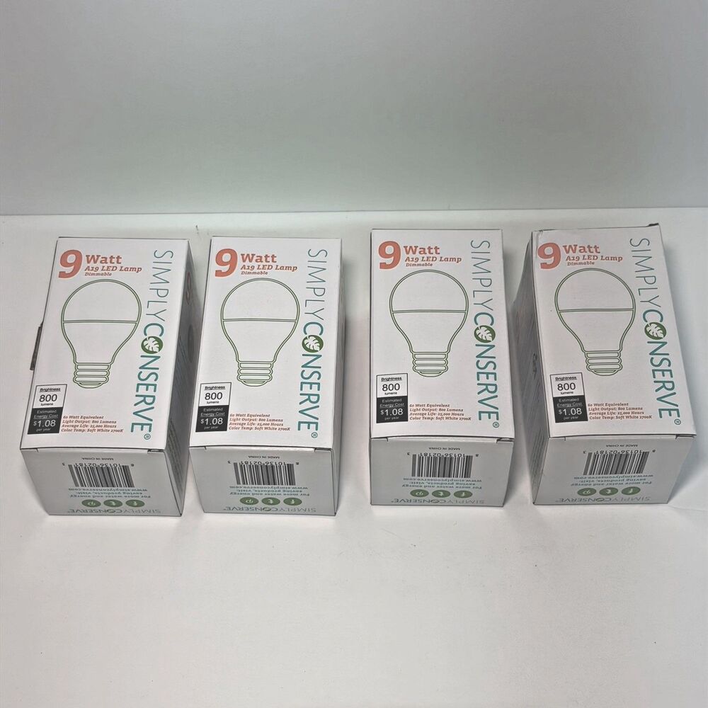 Four Simply Conserve 9 Watt A19 Dimmable 800 Lumen LED Light Bulbs Replaces 60W